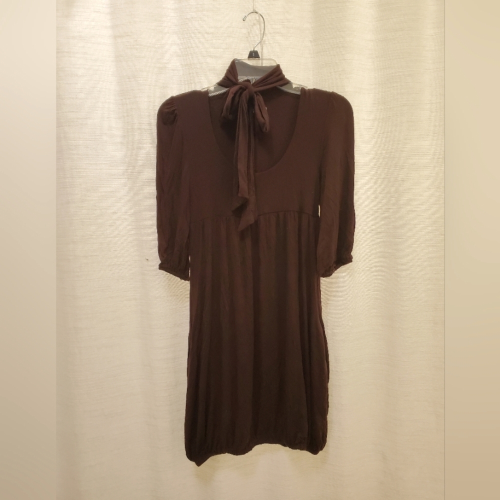 Monteau Brown Mini Dress with Neck Bow and Balloon Skirt